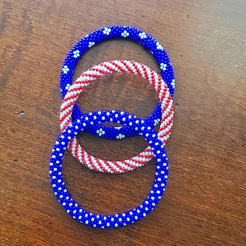 Set of 3 American Flag Style Stacked Bracelets Nepal Glass Bead Seed Bracelet